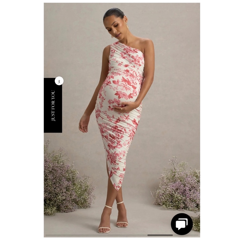 Club L London PINK FLORAL PRINT MATERNITY RUCHED ONE SHOULDER MIDI DRESS